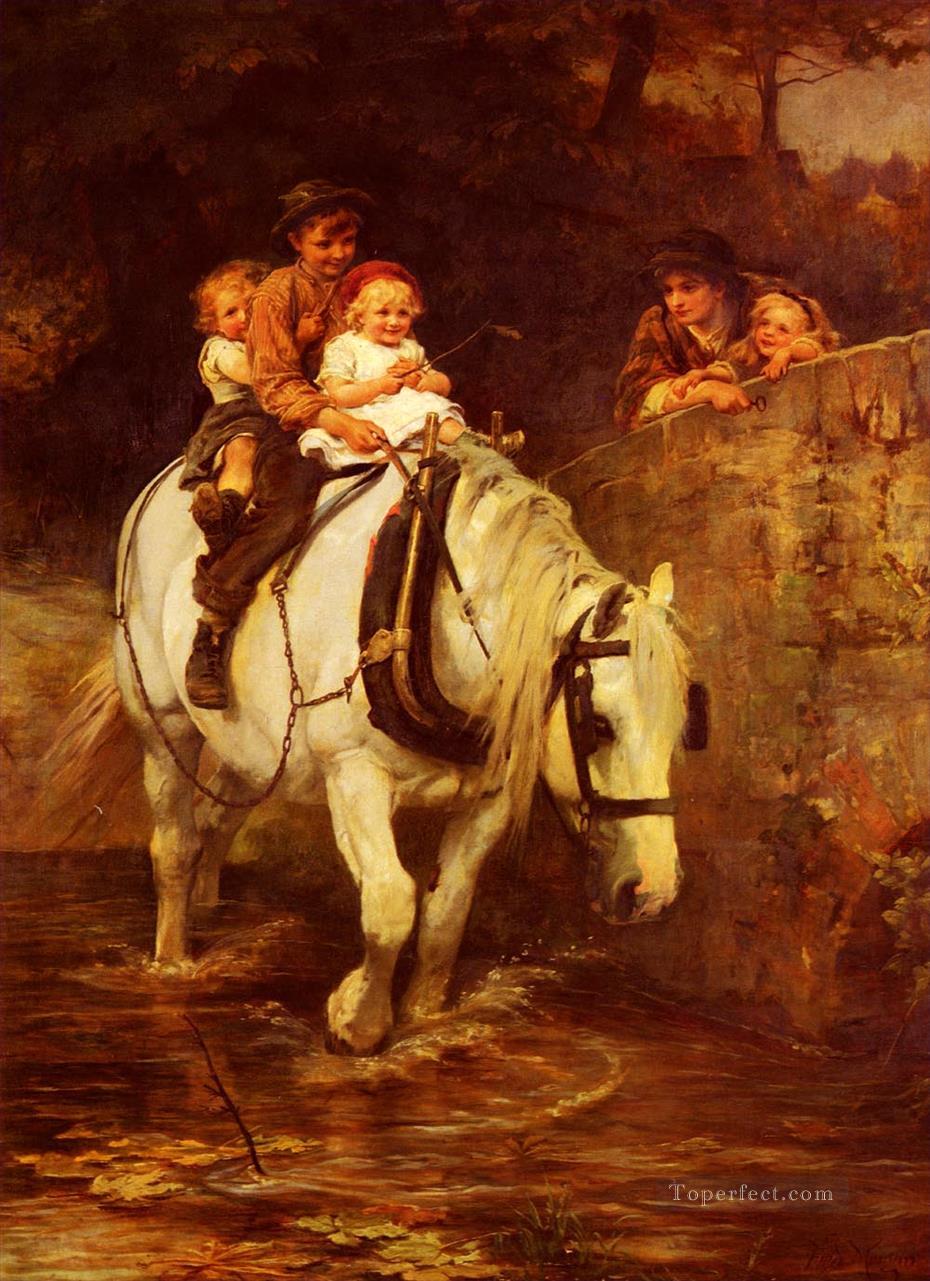 田舎の安定した家族 フレデリック E モーガンのペットの子供たち油絵